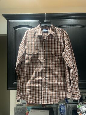 Wrangler Fashion Snap Mens Long Sleeve Western Plaid Shirt, 2318653, Brown XL